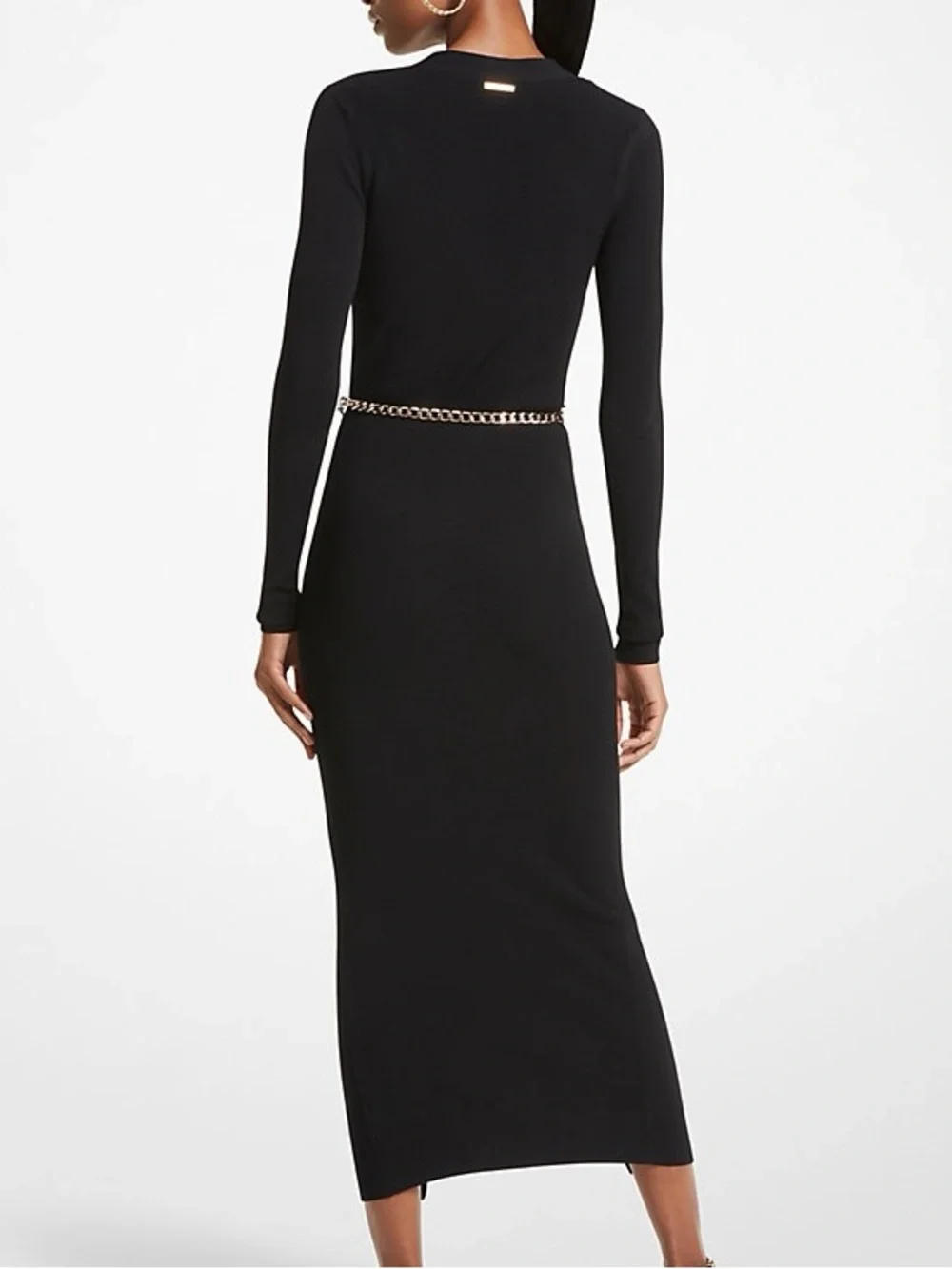 Michael KORS Stretch Viscose Gold Chain Belted Signature Black Midi Dress Medium